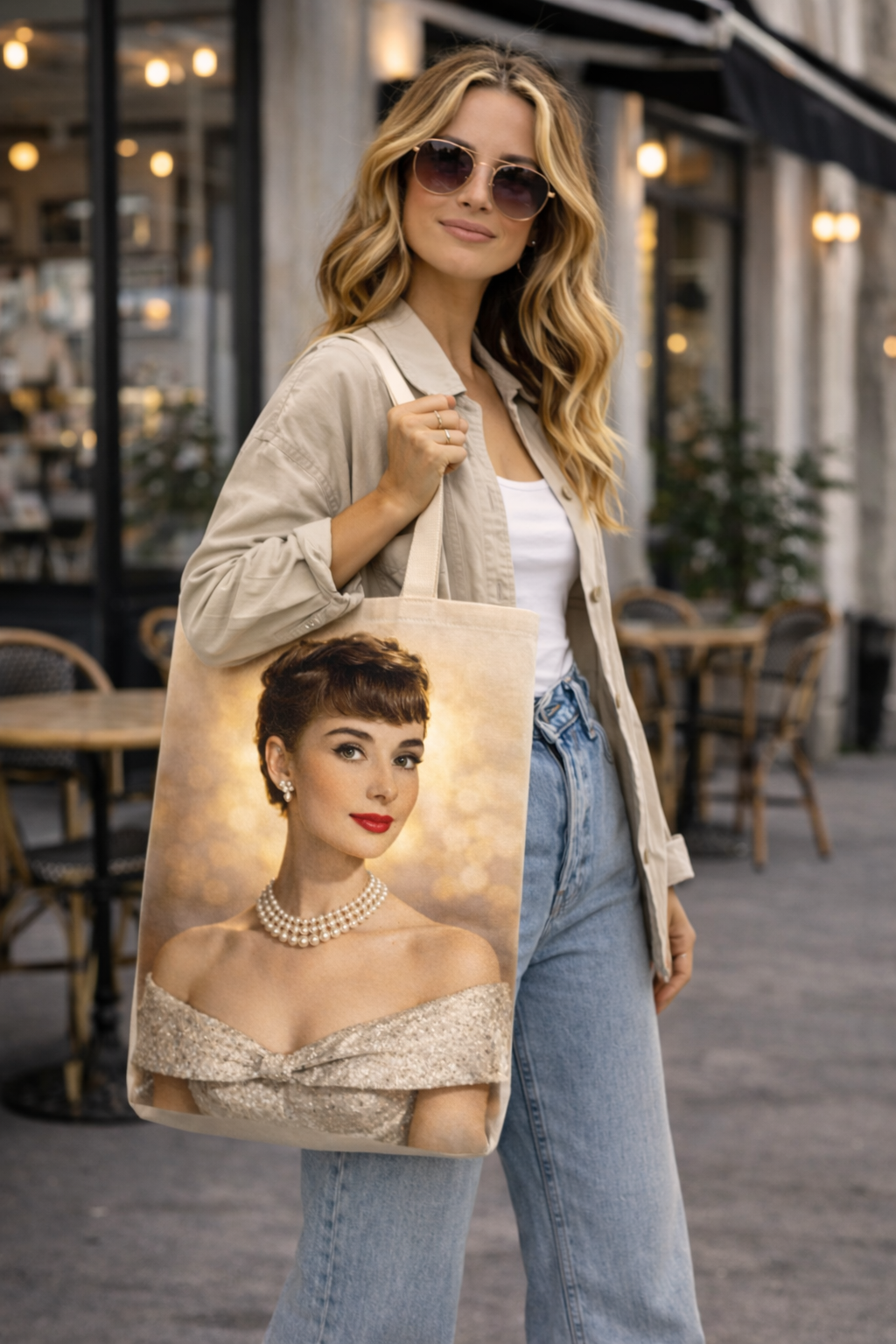 Audrey Hepburn Elegant Pearl Portrait Tote Bag – Vintage Hollywood Canvas Bag