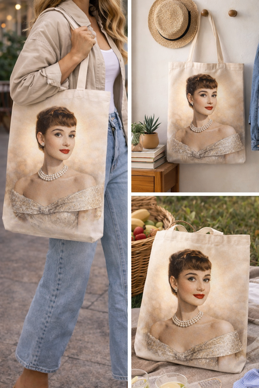 Audrey Hepburn Elegant Pearl Portrait Tote Bag – Vintage Hollywood Canvas Bag