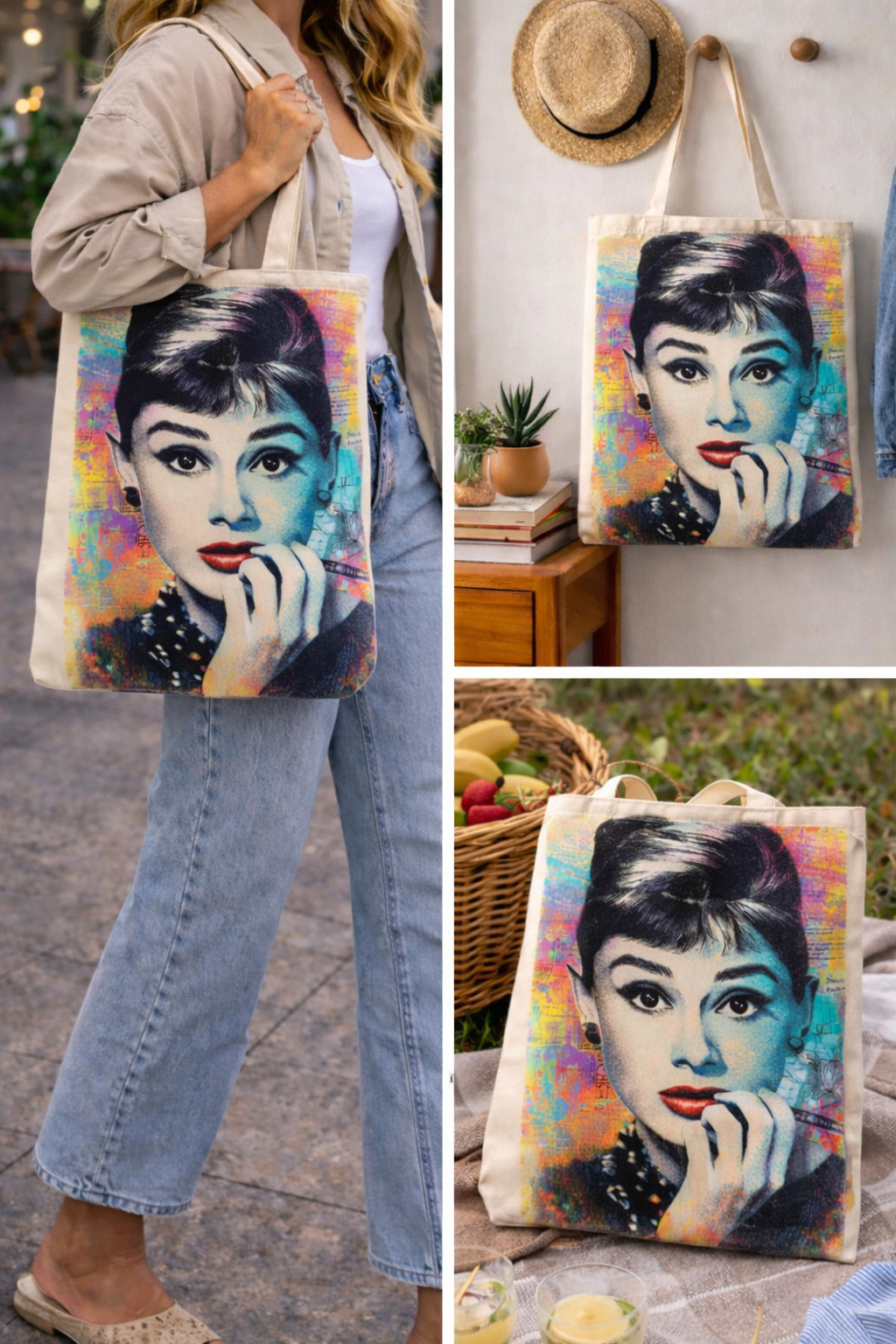 Audrey Hepburn Pop Art Tote Bag – Vintage Hollywood Icon Canvas Tote