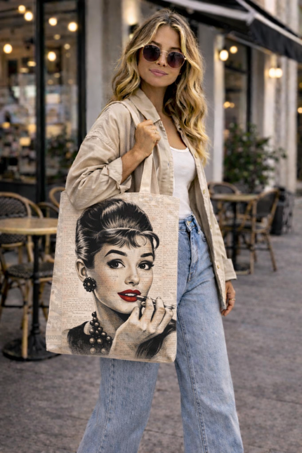 Audrey Hepburn Red Lips Tote Bag – Vintage Hollywood Canvas Tote – Classic Movie Star Fashion Bag – Old Hollywood Icon Gift