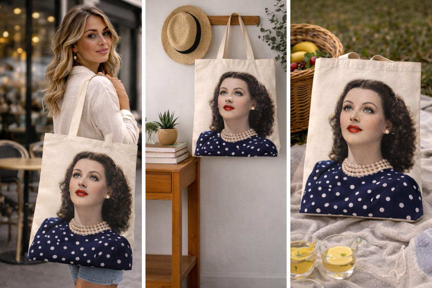 Hedy Lamarr Tote – Vintage Polka Dot Portrait