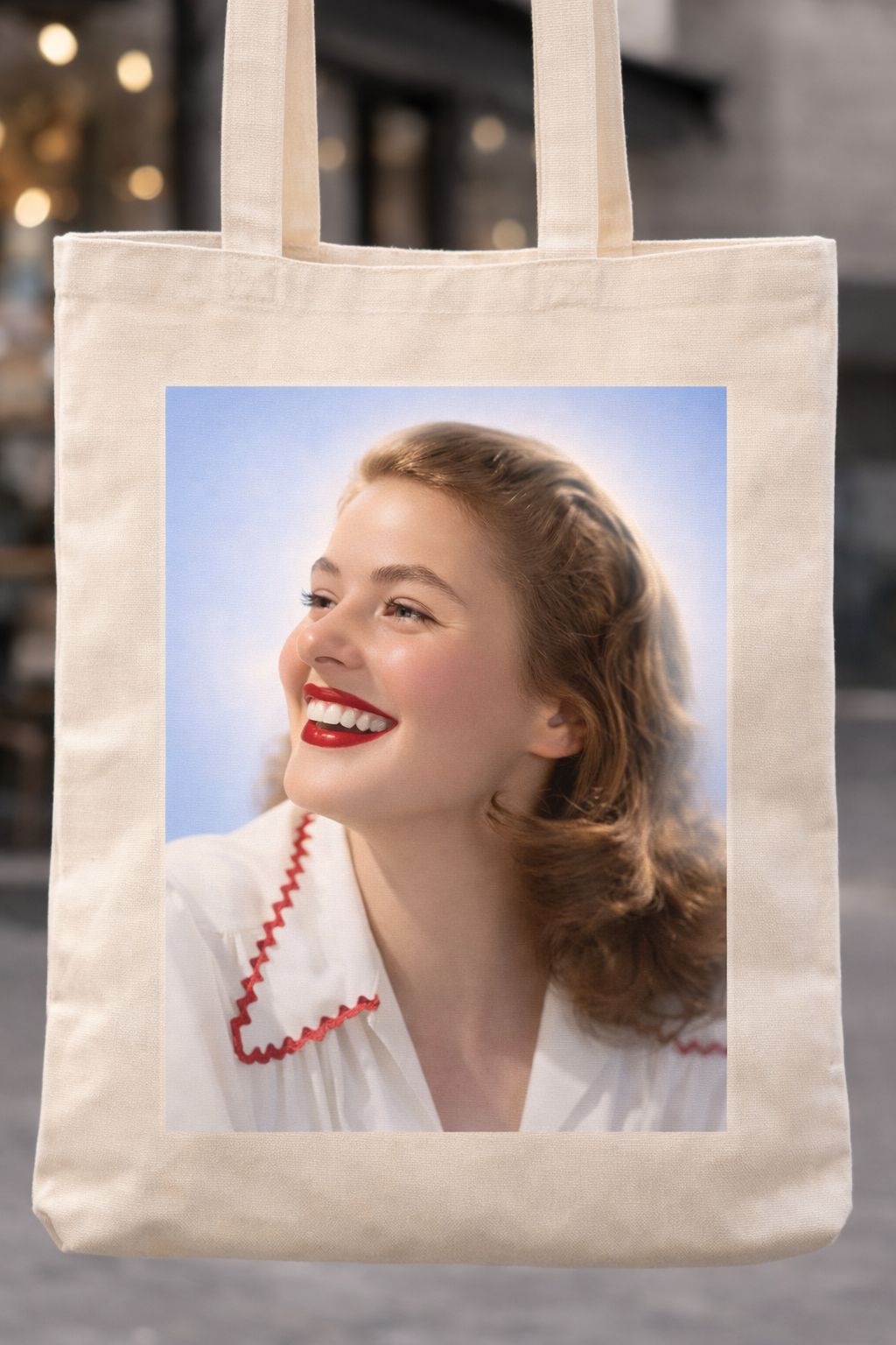 Ingrid Bergman Tote Bag – Vintage Hollywood Portrait Canvas Tote, Soft Blue Studio Edition